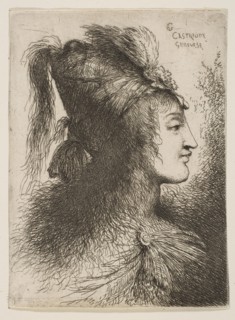 Young man wearing a plumed turban, facing right, from the series of 'Small Heads ..., ca. 1645-1650. Creator: Giovanni Benedetto Castiglione.