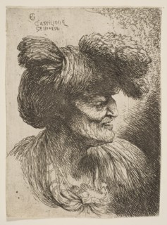 Bust of beardless old man in profile facing right, from the series of 'Small Head..., ca. 1645-1650. Creator: Giovanni Benedetto Castiglione.