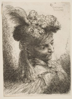 Young man facing three quaters right wearing a fur headdress with a plume, jewel ..., ca. 1645-1650. Creator: Giovanni Benedetto Castiglione.