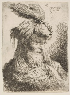 Head of a bearded man with a turban facing right, from the series of 'Small Heads..., ca. 1645-1650. Creator: Giovanni Benedetto Castiglione.