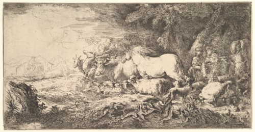 Entry of the animals into Noah's ark, three men follow quadrupeds and birds stridin..., ca. 1650-55. Creator: Giovanni Benedetto Castiglione.