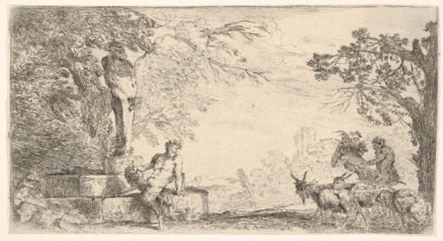 A satyr reclining at the foot of a staute of Priapus, goats at the right, ca. 1645-48. Creator: Giovanni Benedetto Castiglione.
