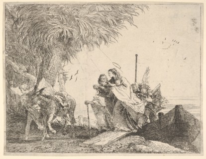 Mary, helped by Joseph and an angel, stepping from a boat to the shore, an angel steadies ..., 1753. Creator: David Giovanni.