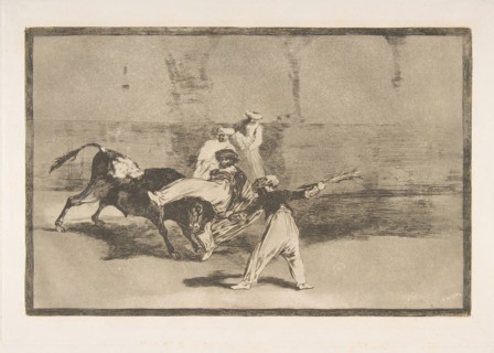 Plate 8 from the 'Tauromaquia':A Moor Caught by the Bull in the ring., 1816. Creator: Francisco Goya.