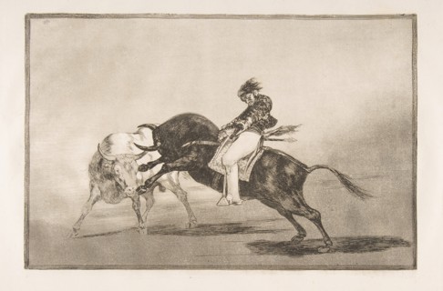 Plate 24 of the 'Tauromaquia': The same Ceballos mounted on another bull breaks short spea..., 1816. Creator: Francisco Goya.