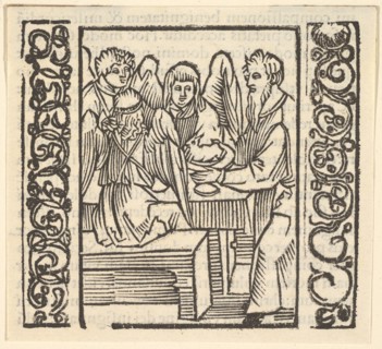 Angels Served at a Table, illustration from Speculum Passionis, 1507, 1507. Creator: Hans Baldung.