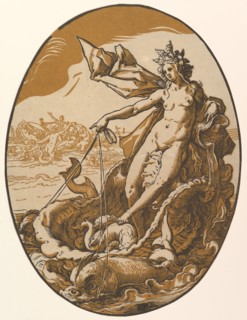 Tethys reclining in a giant shell chariot pulled by two sea creatures, 1588-90. Creator: Hendrik Goltzius.