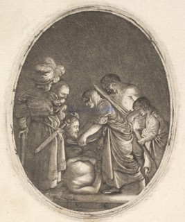 Salome receiving the head of John the Baptist, surrounded by three men and a child bea..., ca. 1610. Creator: Hendrik Goudt.