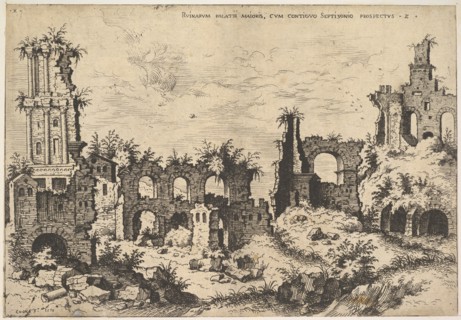 View of ruins on the Palatine Hill with trabeated facade at left and arcades at center, fr..., 1550. Creator: Hieronymus Cock.