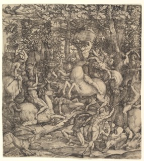 Battle between cavalry and infantry in a wood, 16th century. Creator: Hieronymus Hopfer.