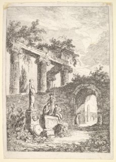 Plate 3: The Statue Before the Ruins: a statue to left next to three figures on a p..., ca. 1763-64. Creator: Hubert Robert.