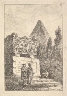 Plate 6: The Sarcophagus: two men conversing to left, another man seated and sleepi..., ca. 1763-64. Creator: Hubert Robert.
