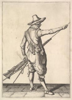 A soldier pulling out the ramrod from its holder, from the Musketeers series, plate 25, in Wap.... Creator: Unknown.