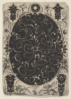 Oval Case Decorated with Schweifwerk in Two Variants, Surrounded by Smaller Motifs..., ca. 1614-19. Creator: Jacques Hurtu.