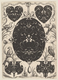 Oval Pendant Decorated with Schweifwerk, Surrounded by Smaller Motifs and Four Birds, ca. 1614-19. Creator: Jacques Hurtu.
