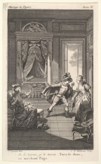 A man leans toward a woman standing in a doorway at right, at left a seated woman rais..., ca. 1784. Creator: Claude Nicolas Malapeau.