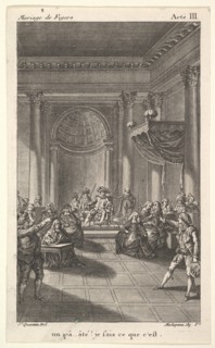 A man seated in a chair on a stepped platform holds an audience, two pointing men stan..., ca. 1784. Creator: Claude Nicolas Malapeau.