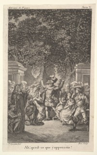 A young boy holds a torch under trees in a garden, at center a man raises both arms, s..., ca. 1784. Creator: Claude Nicolas Malapeau.