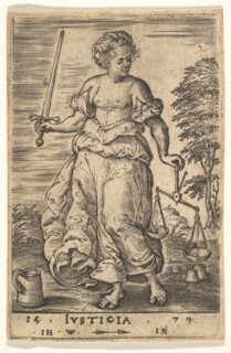 Justice, an allegorical figure holding a balance in her left hand and a sword in her right..., 1579. Creator: Jan Wierix.