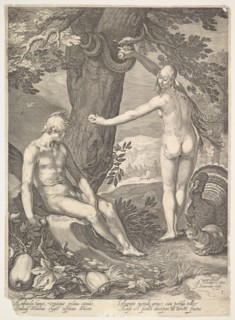 Eve Giving Adam the Forbidden Fruit; from "The Story of Adam and Eve". Creator: Jan Saenredam.