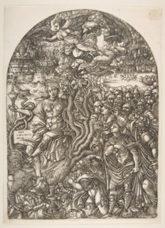 The Babylon Harlot seated on the Seven-Headed Beast, from the Apocalypse.n.d. Creator: Jean Duvet.