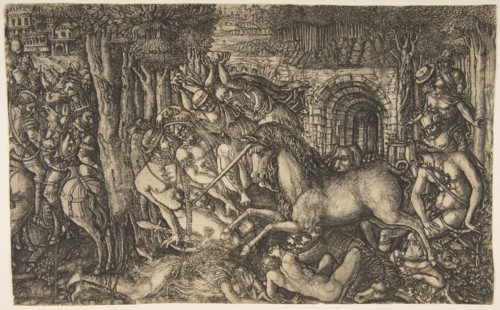 A King Pursued by a Unicorn, from the Unicorn Series, ca. 1555. Creator: Jean Duvet.