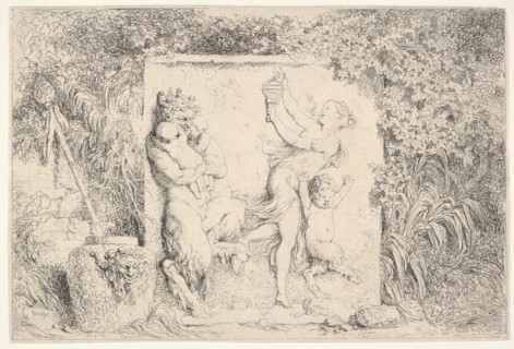 A bas-relief depicting a satyr at left holding two infants, another child satyr to right..., 1763. Creator: Jean-Honore Fragonard.