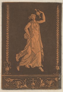 Jeune femme drapée, marchant de gauche à droit, portant un vase de métal
