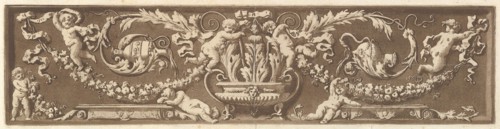 Ornamental frieze with putti, acanthus leaves, and garlands of fruit, from Recueil de Diff..., 1784. Creator: Jean Jacques Lagrenee.