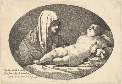 The Virgin at left watching the infant Christ as he sleeps, an oval composition, after ..., 1760-63. Creator: Jean Jacques Lagrenee.