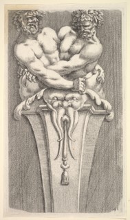 Design for a Term with Two Bacchic Figures, from: Curieuses recherches de plusieurs beaus ..., 1645. Creator: Jean le Pautre.