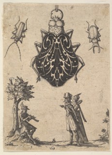 Pendant Shaped like a Beetle with a Couple and a Young Man Playing an Instrument, 1619. Creator: Jean Toutin.