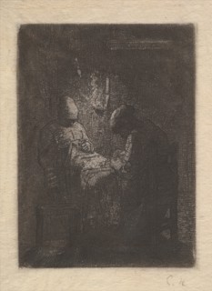 Two Women Sewing by Lamplight, ca. 1853. Creator: Jean Francois Millet.