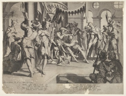 The Judge Bias Shedding Tears, plate IX from Thronus Justitiæ, 1605. Creators: Joachim Anthonisz Wtewael, Willem van Swanenburg.