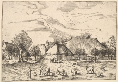 Farms, cattle with herdsmen and milkmaids in the foreground from Multifariarum casularu..., 1559-61. Creator: Johannes van Doetecum I.