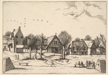 Country Village, archers in the foreground from Multifariarum casularum ruriumque linea..., 1559-61. Creator: Johannes van Doetecum I.
