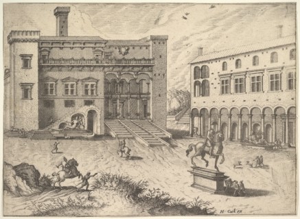 View of the Campidoglio on the Capitoline Hill, with equestrian statue at lower right, fro..., 1562. Creator: Johannes van Doetecum I.