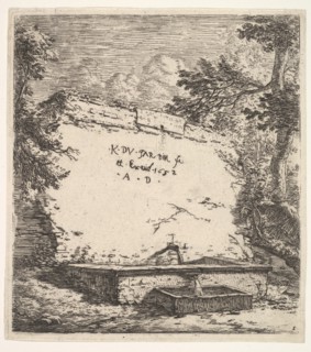 Frontispiece with stepped fountain; a stone wall with water spout pouring water into a rec..., 1652. Creator: Karel Du Jardin.