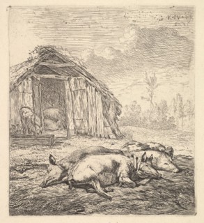Three pigs lying on their sides, a pigsty and trough beyond, 1652. Creator: Karel Du Jardin.