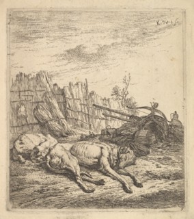 Two dogs sleeping on the ground; a plough, farm equipment, bunches of straw, and a ..., ca. 1641-78. Creator: Karel Du Jardin.