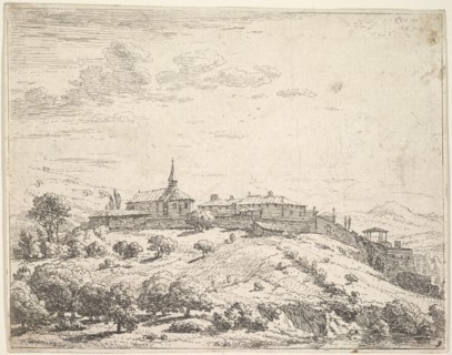 Walled village on a hill, with church at left and buildings constructed on the downslope a..., 1658. Creator: Karel Du Jardin.