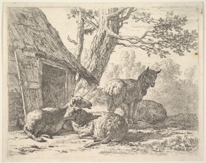 Four sheep, one sheep stands among three others lying on the ground next to a shed with th..., 1658. Creator: Karel Du Jardin.