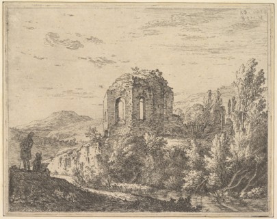 View of ruins showing the corner of a building with two arched windows, in a landscape wit..., 1658. Creator: Karel Du Jardin.