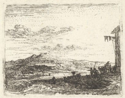 Landscape with corner of building and awning at far right, two figures and a horse-..., ca. 1641-78. Creator: Karel Du Jardin.