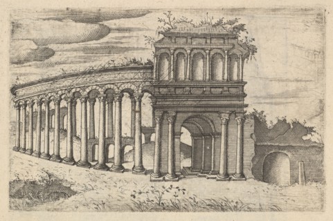 The Amphitheater in Bordeaux [Teatrum Bordeos; Transitorium Caesaris], from the series 'Ru..., 1554. Creator: Lambert Suavius.