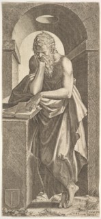 St. Simon standing before an open book with the fingers of his left hand pressed onto the ..., 1545. Creator: Lambert Suavius.