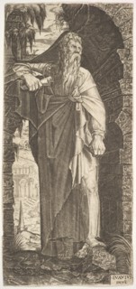 St. Paul standing under an overgrown arch, his left foot poised upon a rock, his right han..., 1545. Creator: Lambert Suavius.