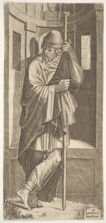 St. James Major leaning on a pole before a niche, his left leg crossed over his right, fro..., 1545. Creator: Lambert Suavius.