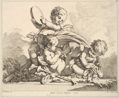Three Cupids, Two Playing Music, One Holding Palm Leaves. Creator: Louis Felix de la Rue.