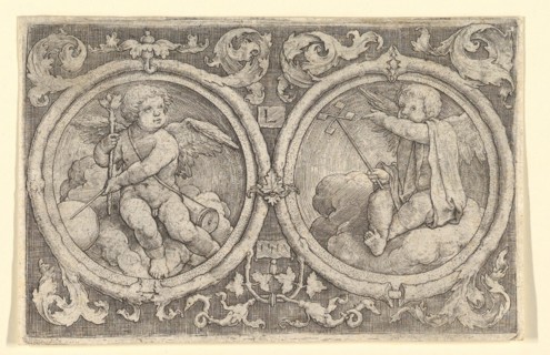 Two Putti Seated in Clouds in Circles with Tendrils, 1517. Creator: Lucas van Leyden.